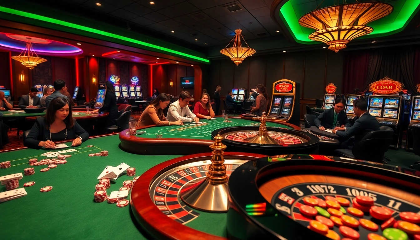 Gameplay in DN88 casino showcasing vibrant poker tables and an exciting roulette wheel.