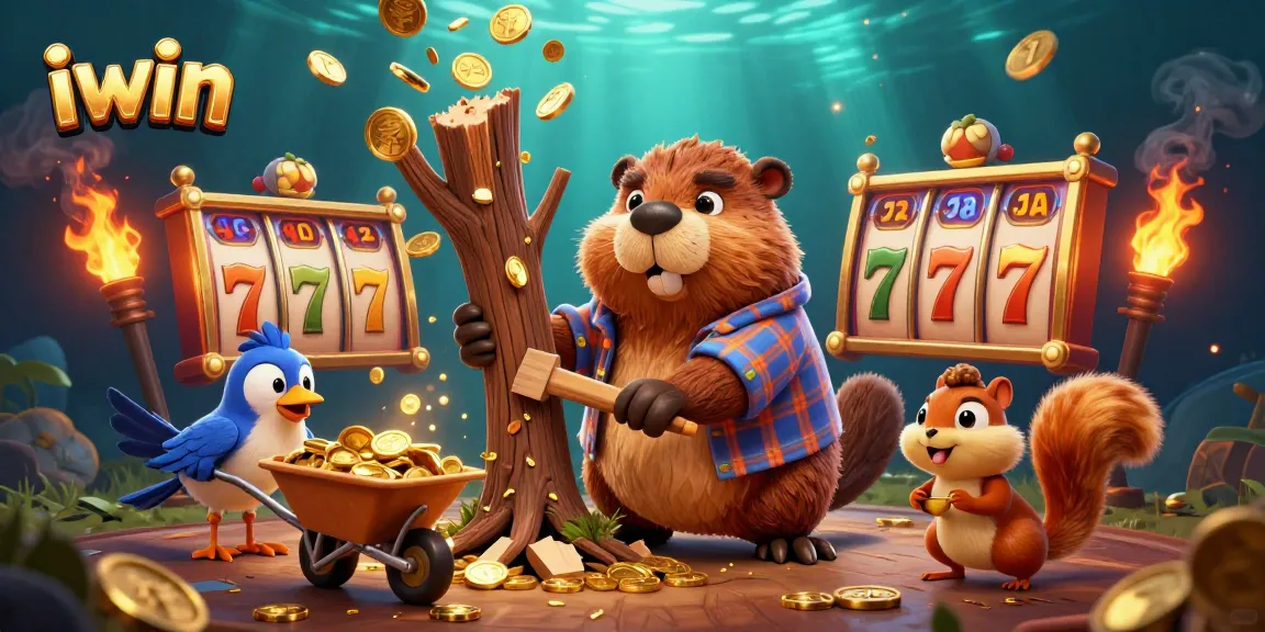 iwin features a vibrant cartoon illustration of a beaver amidst golden coins and slot reels