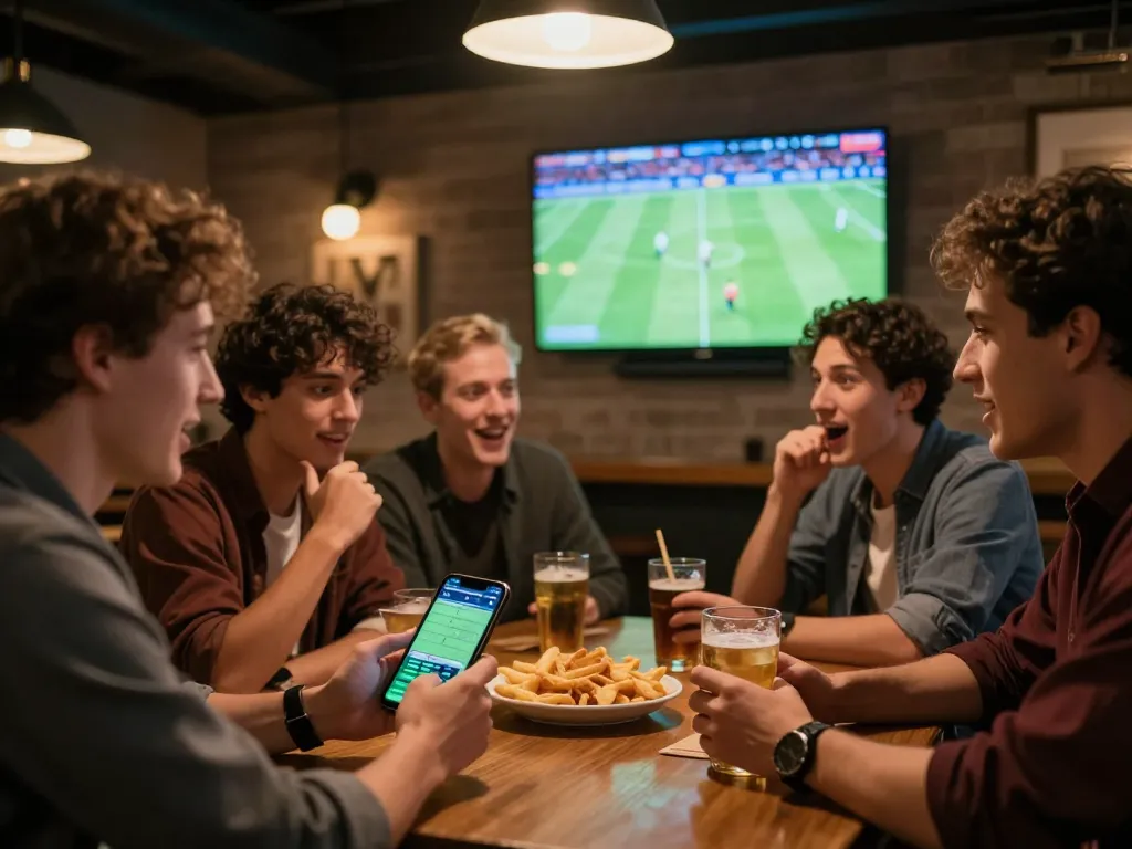 Sports betting action on nowgoal app during an exciting football match with friends