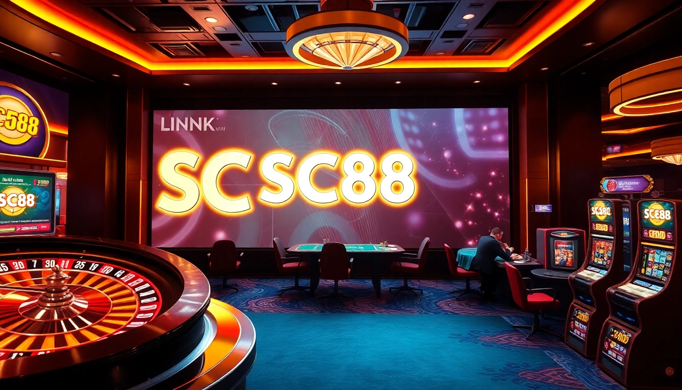 Engage in thrilling gameplay at SC88 LINK with a vibrant online casino atmosphere showcasing roulette and slot machines.