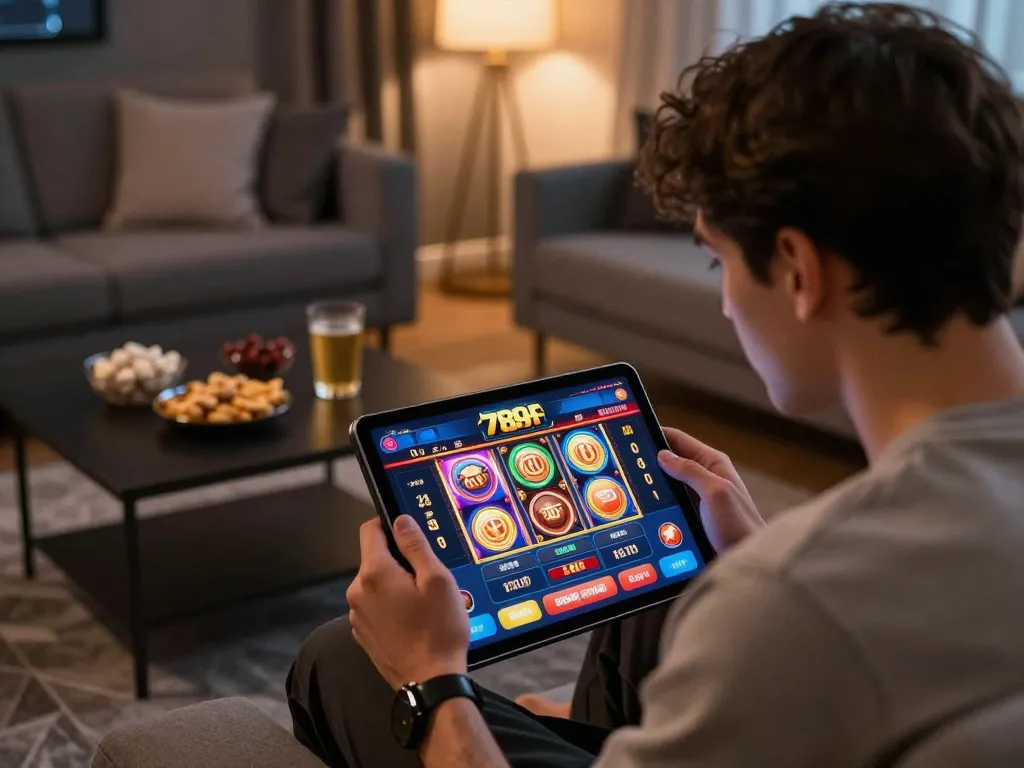 Player engaging in online casino action with 789f app displayed on tablet.
