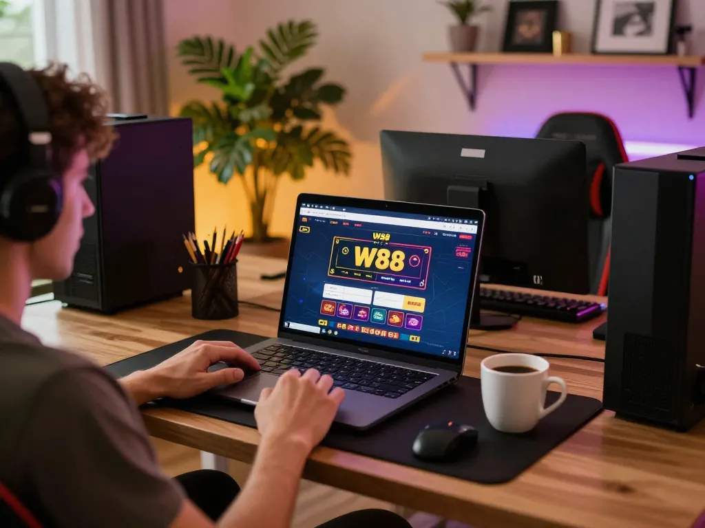 Person actively engaging with the W88 casino app on a laptop, creating a cozy online gaming atmosphere.
