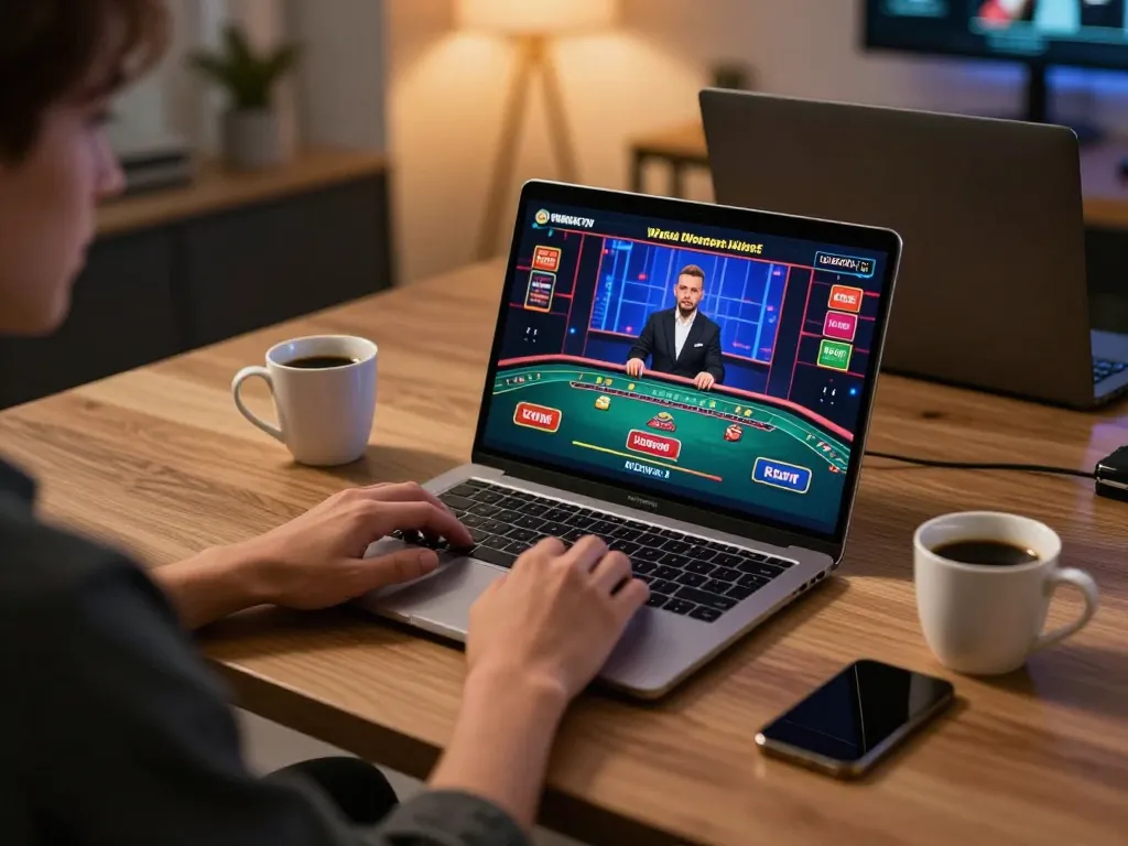 PHDREAM6268 player enjoying live casino gaming on a laptop in a cozy home setup.