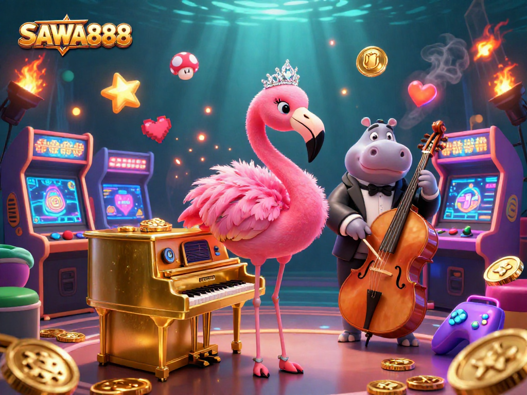 Experience the thrill of SAWA888, featuring a vibrant casino atmosphere with animated characters and gaming action.