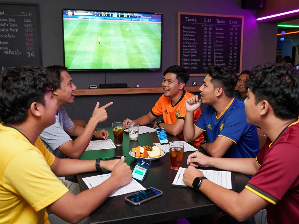 Friends enjoying live sports betting on Judi Bola in a vibrant lounge.