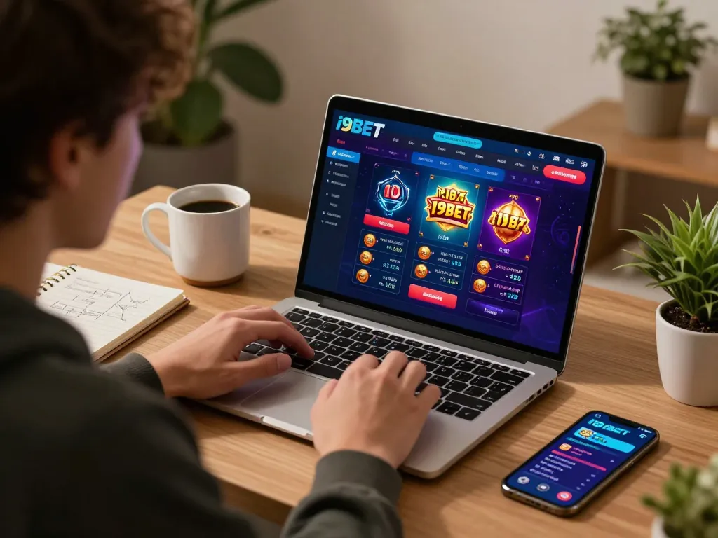 Engaging home gambling scene using i9BET for online casino games on a laptop, featuring strategic notes and cozy atmosphere.