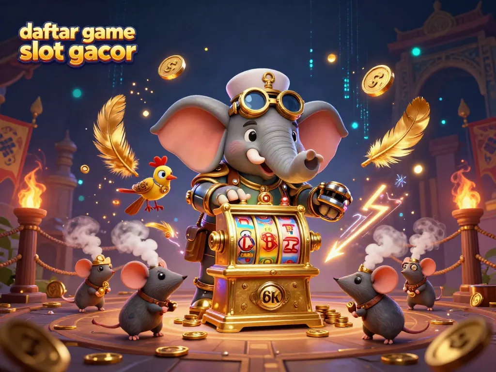 Ilustrasi penuh warna tentang daftar game slot gacor dengan karakter unik dan elemen kasino di sekitar.
