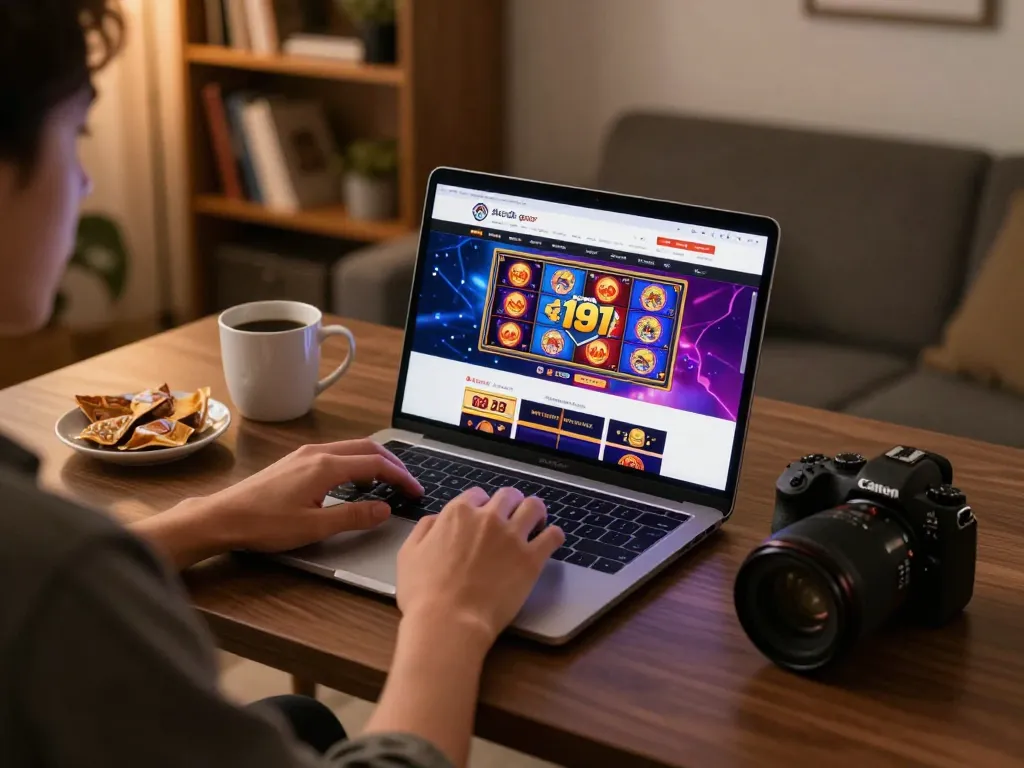 Engaging online gaming session at home with vibrant situs slot gacor interface, cozy environment