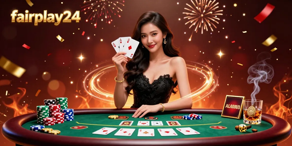Experience thrilling moments with fairplay24's elegant casino action featuring a mesmerizing Asian woman holding two aces.