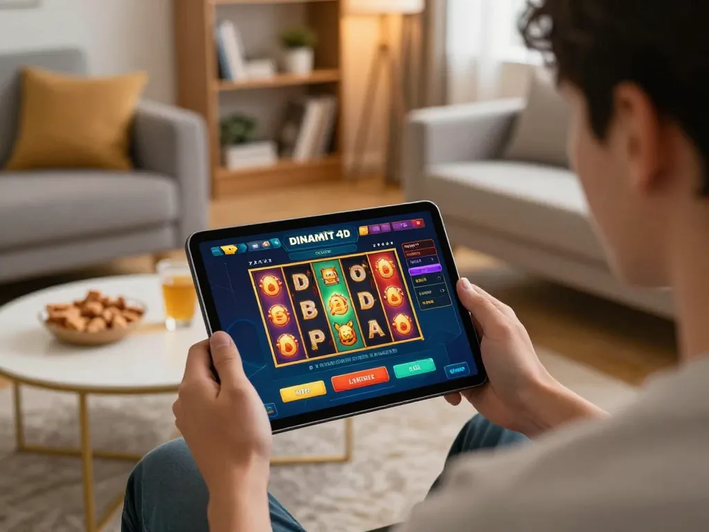 Engaging in dinamit4d online slot gameplay at home, showcasing strategic betting choices and focused atmosphere.