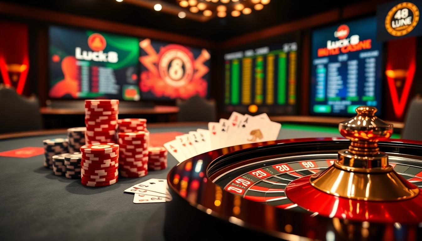 LUCK8 online casino table displaying high-stakes poker chips during an exciting game.