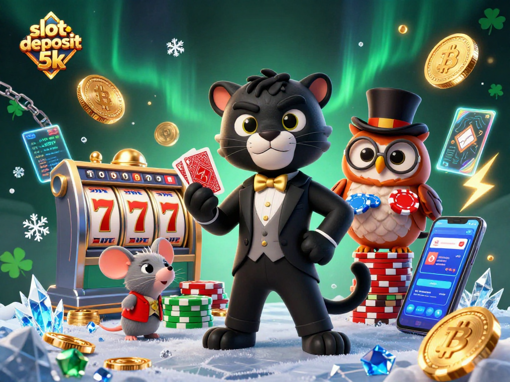 Engaging scene of stylish panther and lucky characters promoting slot deposit 5k in a casino backdrop.