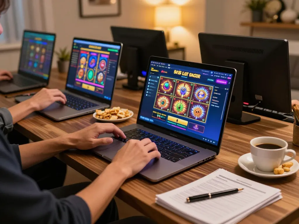 Situs slot gacor action at home gaming setup with interactive slot games on laptop.