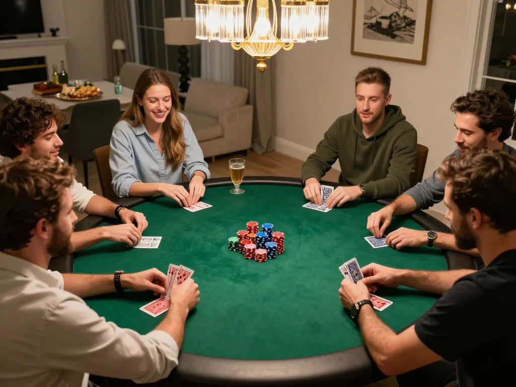 Maxpoker88 players enjoying a friendly poker game with vibrant chips and warm lighting for responsible gaming