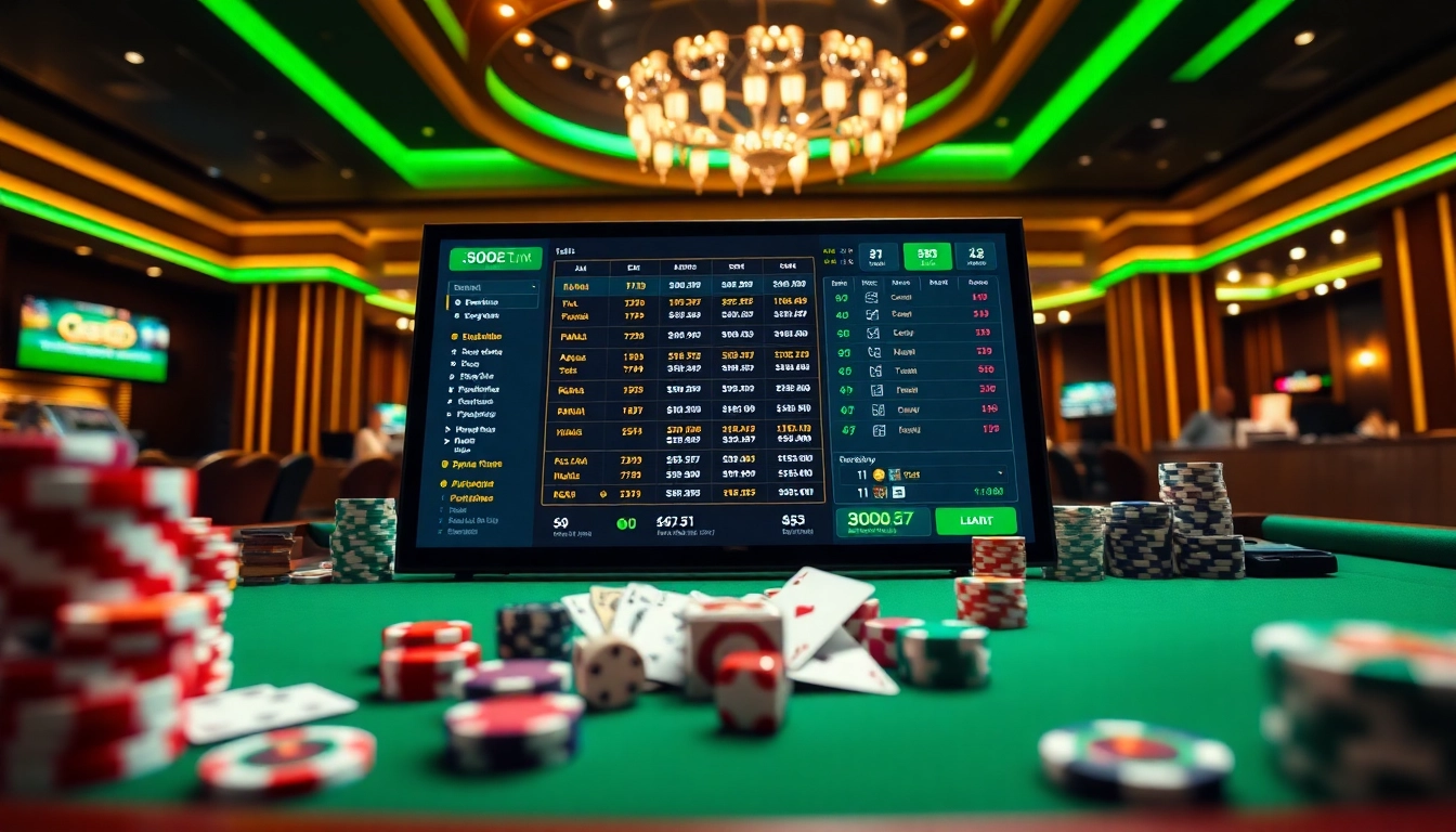 Engaging sbobet link interface surrounded by classic casino elements like poker chips and dice.