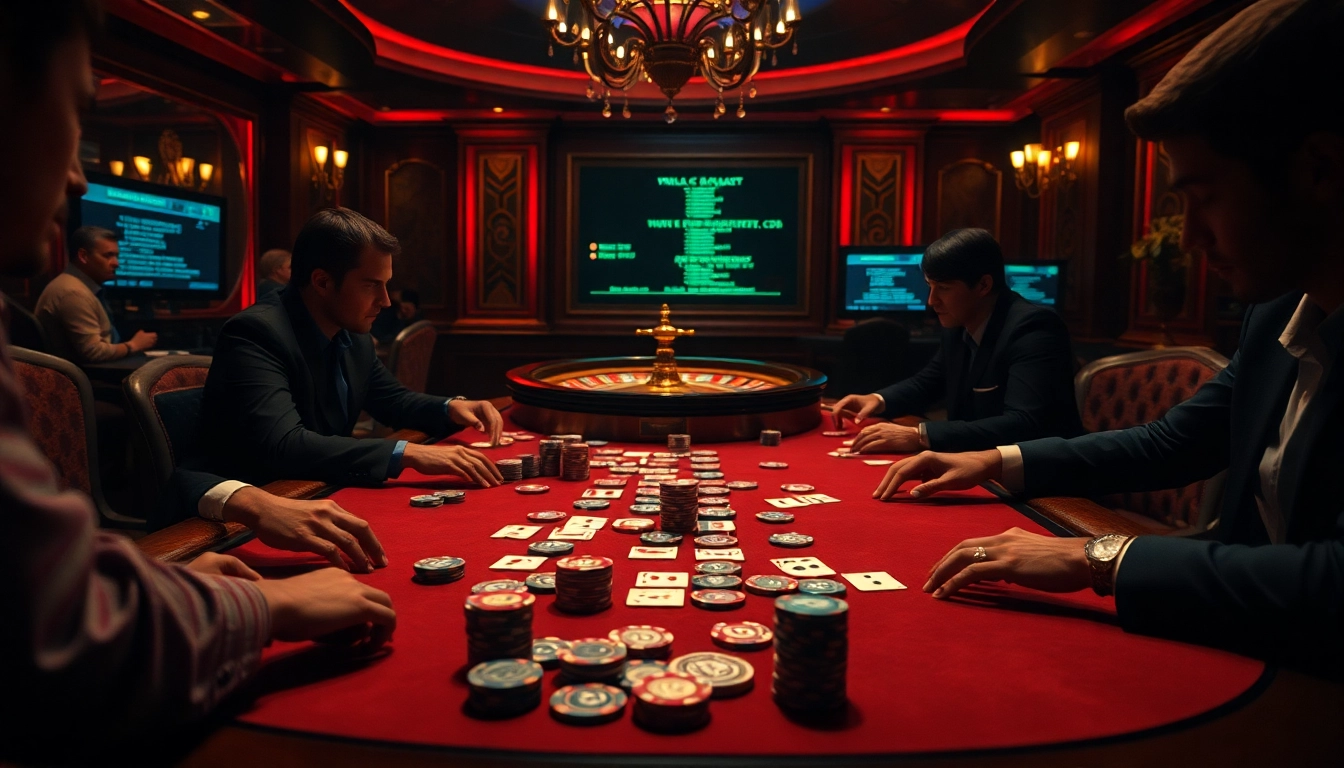 Players strategize at a poker table in a luxurious casino, inspired by the hidden wiki dark web.