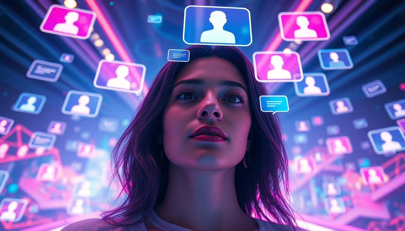 A vibrant AI dating interface scene showcasing the ai slut concept with interactive avatars and holographic chat bubbles.