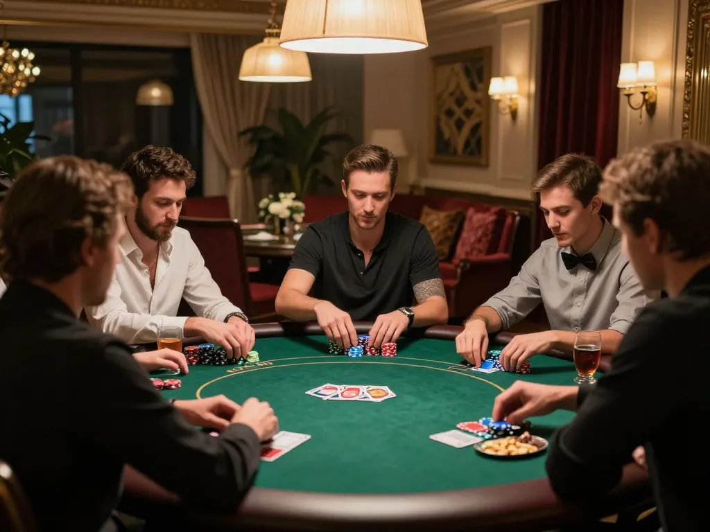 Players strategizing their bets in an engaging home poker game at tr88k.com with warm lighting and snacks.
