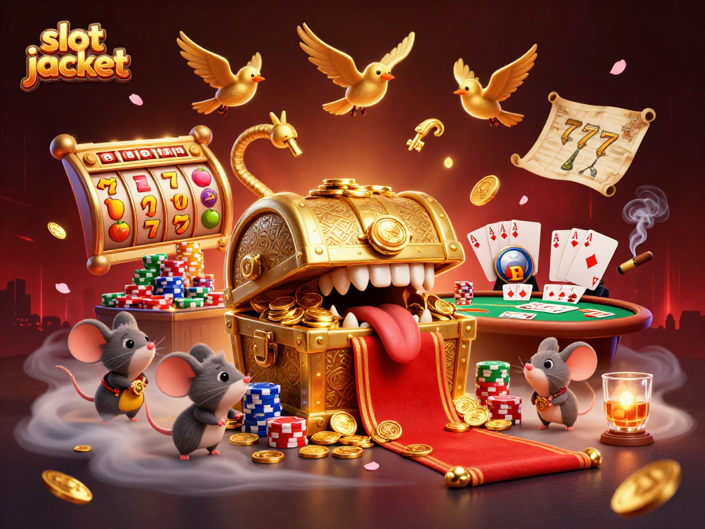 Spinning slot jackpot surrounded by colorful elements in a vibrant casino scene.