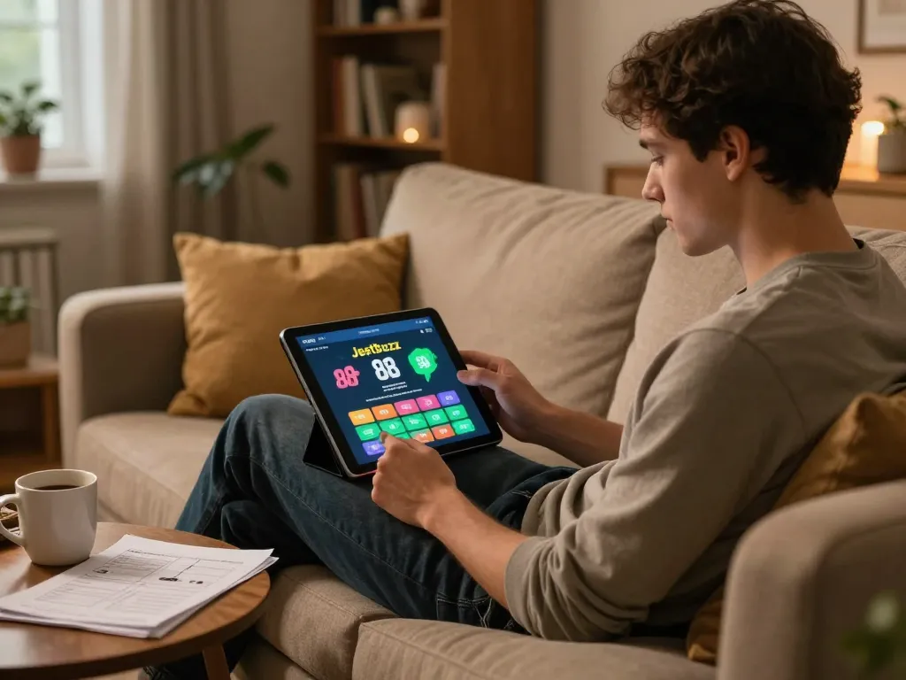 Player enjoying the Jeetbuzz 88 app on a tablet at home, showcasing a comfortable gaming environment.