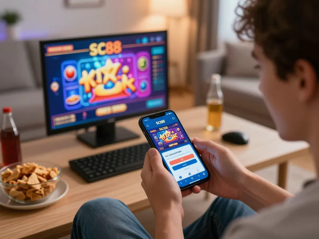 Engaging with the SC88 Link mobile app for online gambling in a cozy setting.