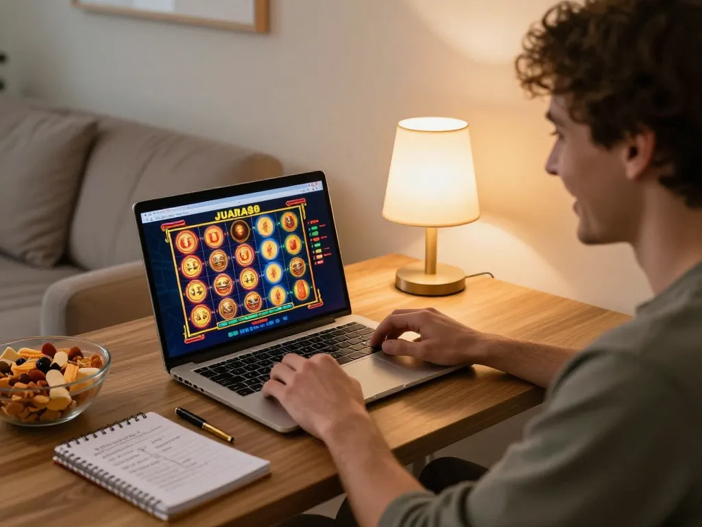 Engaged player experiencing JUARA88 online slots in a cozy home setup, highlighting dynamic gaming interaction.