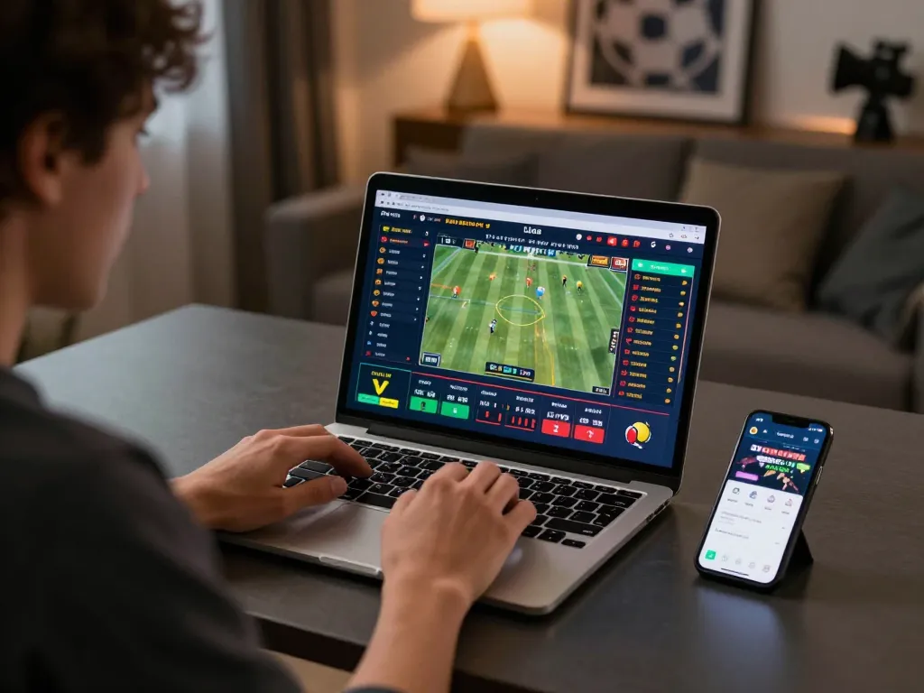 Orang yang terlibat dalam taruhan olahraga online di rumah sambil menggunakan platform sada-ar di laptop dan smartphone.