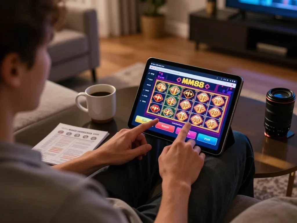 Engaging online gaming session on MM88 COM from home, showcasing a player using a tablet with a stylish interior.