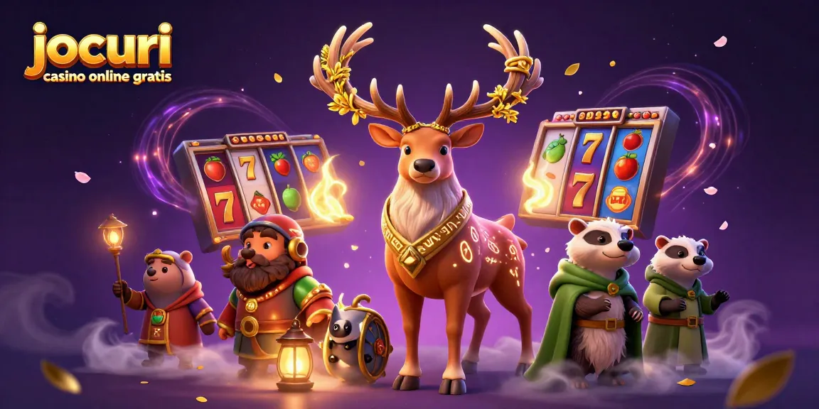 Joacă jocuri casino online gratis cu păcănele captivante și personaje fantastice în această ilustrație.