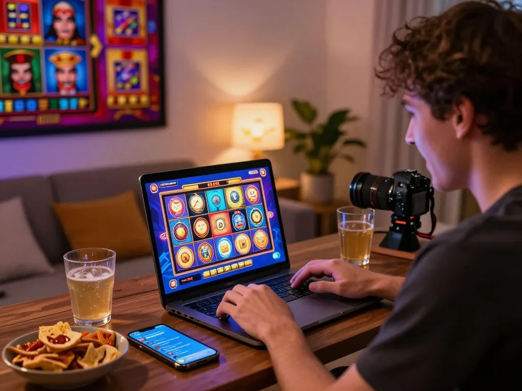 Engaging scene with player enjoying slot gacor hari ini on laptop in cozy home setting.
