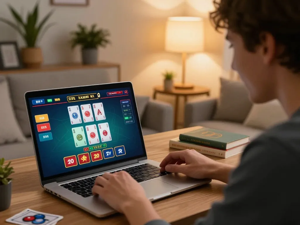 PHTAYA player enjoying a live dealer game on a laptop in a cozy home setting, emphasizing responsible gambling.