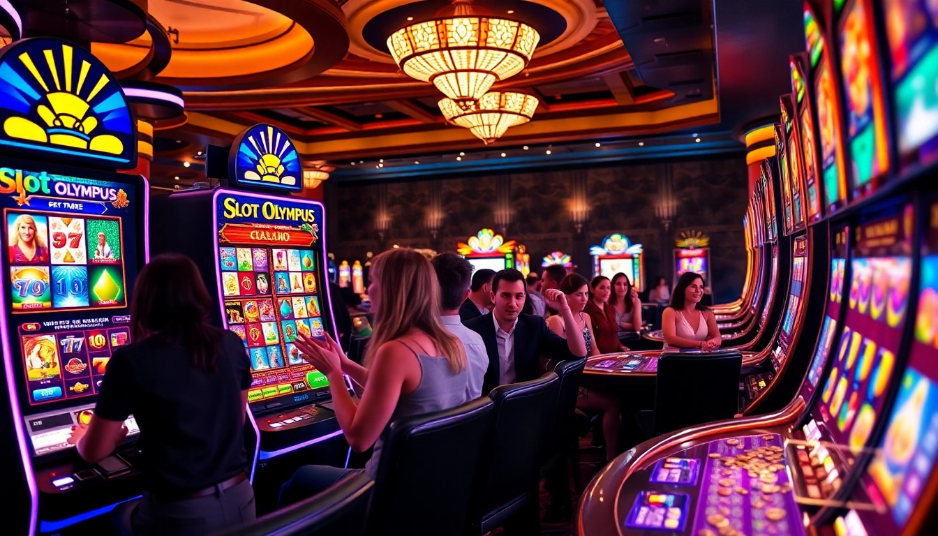 Experience the thrill of slot olympus with vibrant colors and excited players in a luxury casino setting.