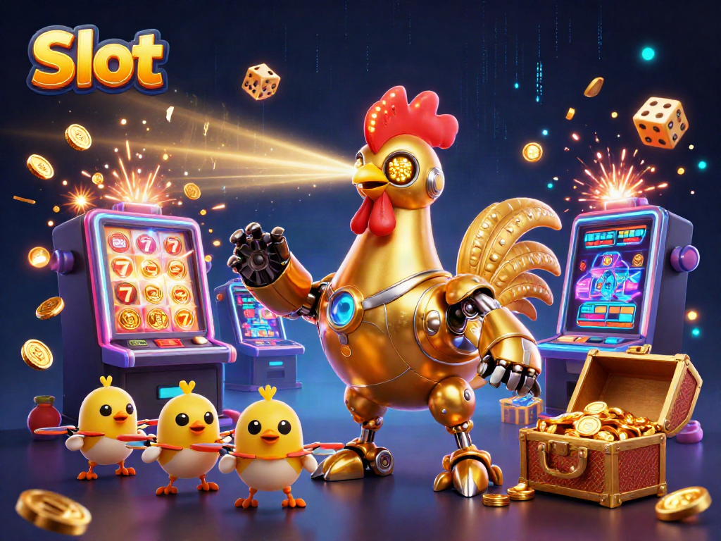 Slot dengan mesin slot dan simbol keberuntungan, robot ayam futuristik dengan cahaya emas.