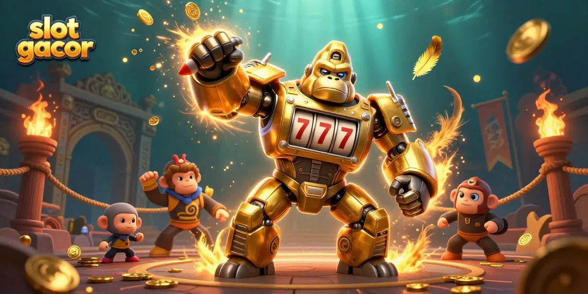 Menangkan slot gacor dengan mesin slot berwarna emas dan simbol triple seven berkedip di layar.