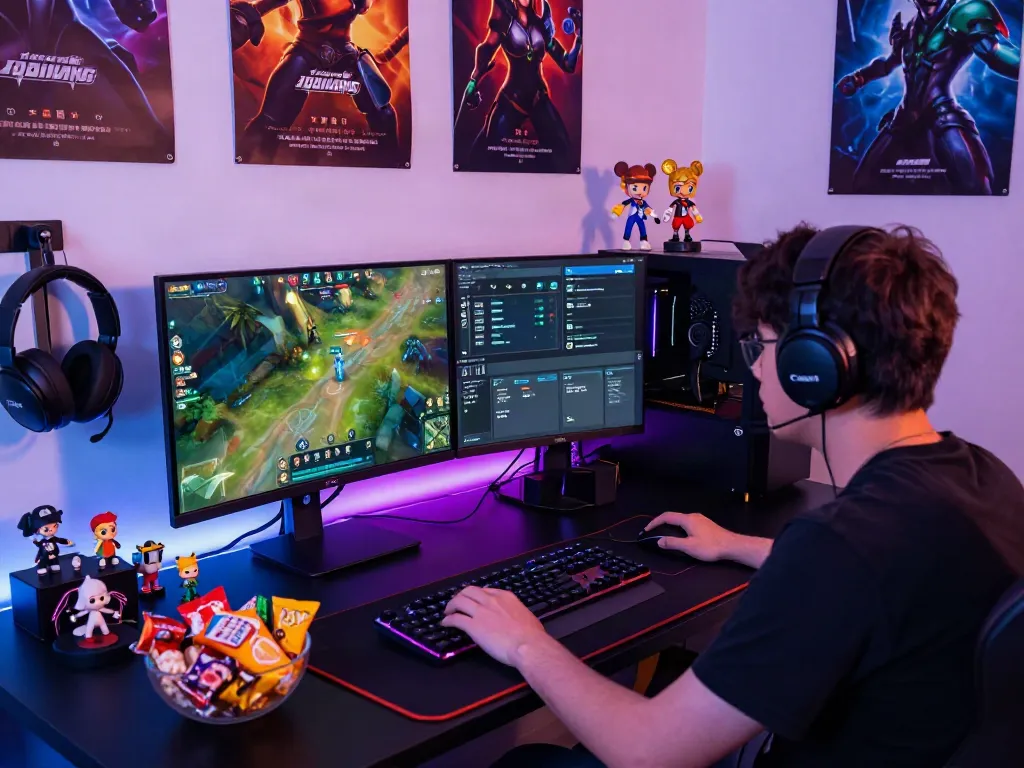 Engaged player in dynamic akunjp online gaming environment with dual screens and RGB lighting.