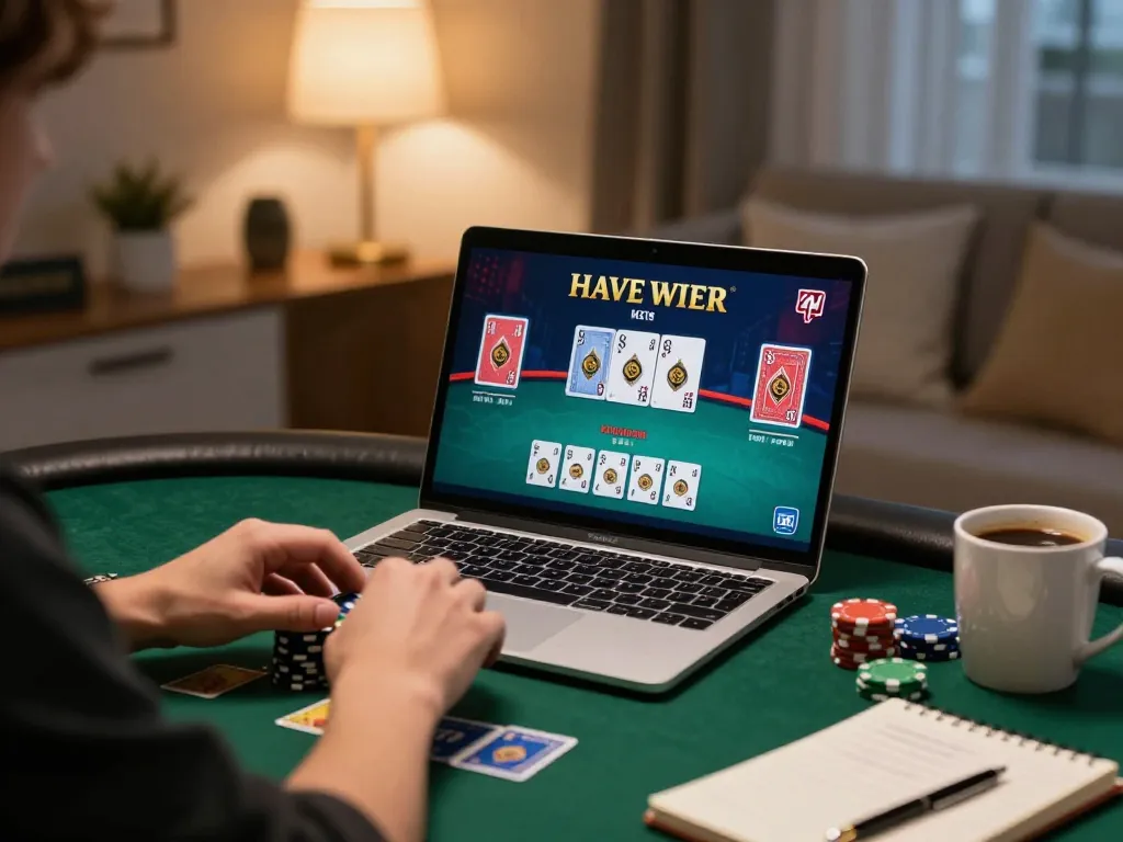 Engaging online gambling session at https://gemwin.pics with hands on poker chips and laptop screen