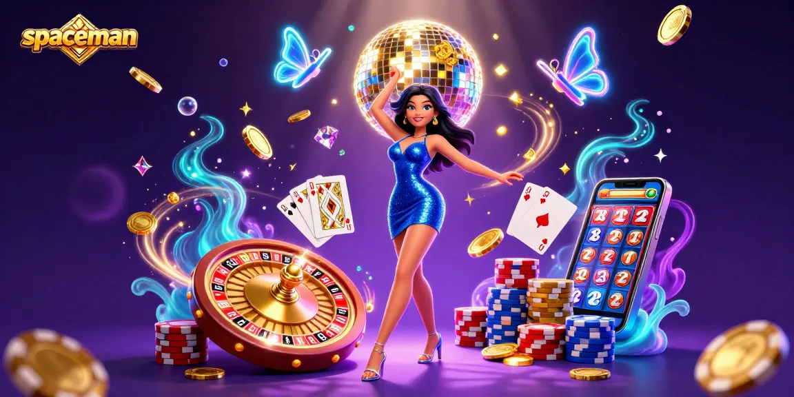 Engage in spaceman casino adventure with illuminated coins, vibrant cards, and playful neon butterflies.