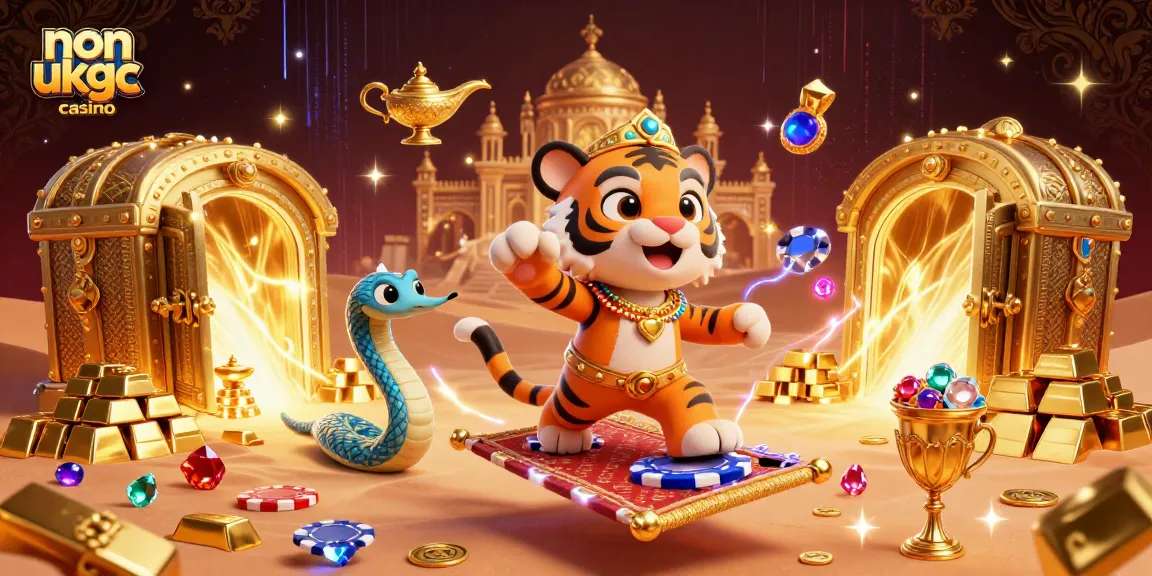 Experience the thrill of a non ukgc casino with a vibrant Arabian-themed scene featuring a tiger sultan.