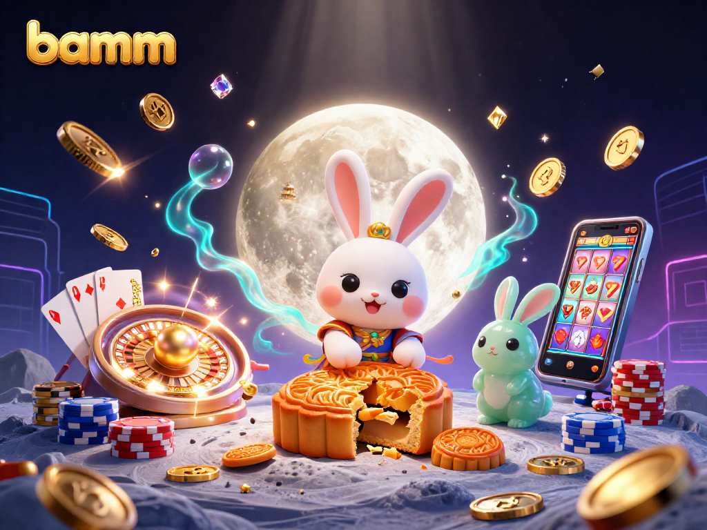 Experience exciting gambling fun with bamm, showcasing a 3D moon rabbit theme in a vibrant casino scene.