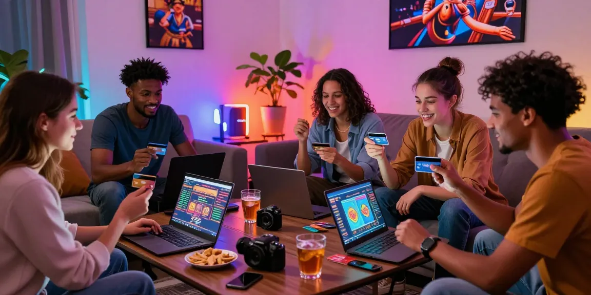 Engaging group of friends playing at an online casino with credit cards at https://alsbury.co.uk/ in a stylish living room setting.