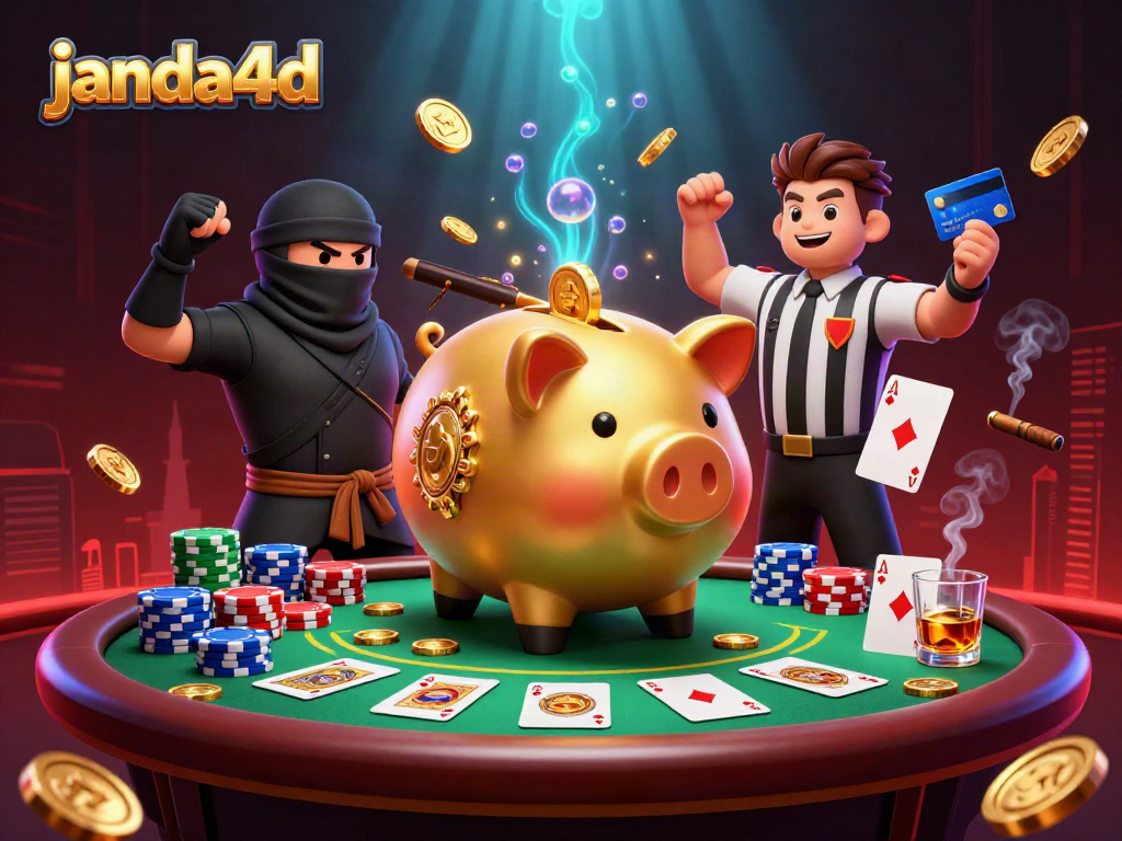 JANDA4D menghadirkan keseruan permainan dengan piggy bank emas raksasa dan ninja di meja poker.