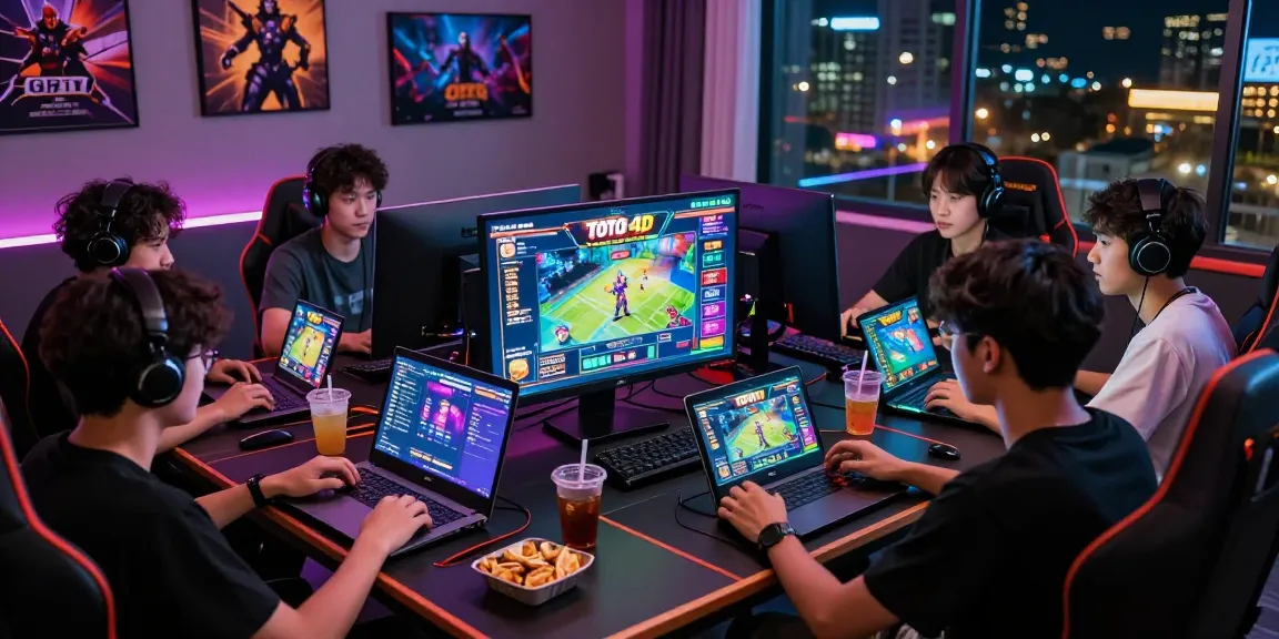Suasana permainan online terjun4d dengan teman-teman berkumpul di sekitar layar besar, fokus pada permainan Toto 4D dan slot.