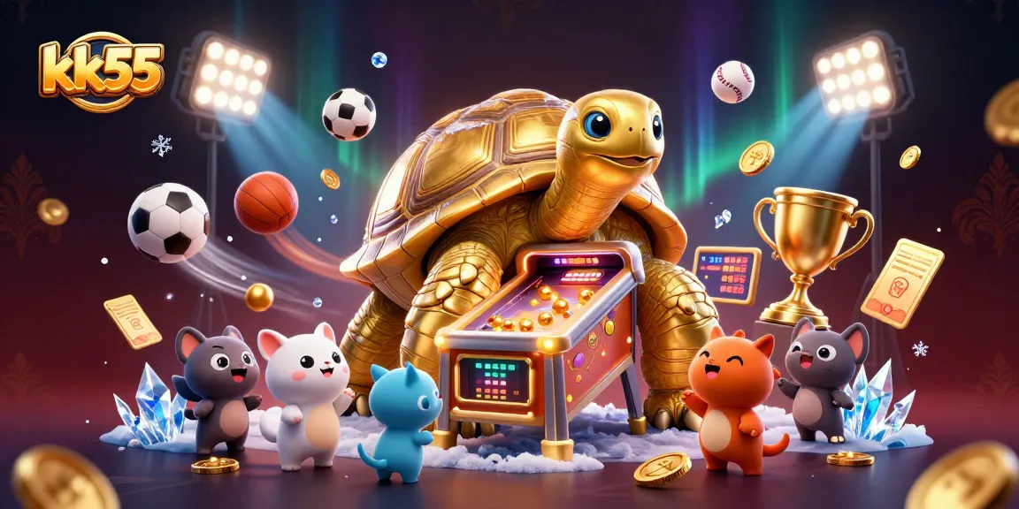 kk55 colorful sports betting scene with a giant tortoise pinball machine and excited animals