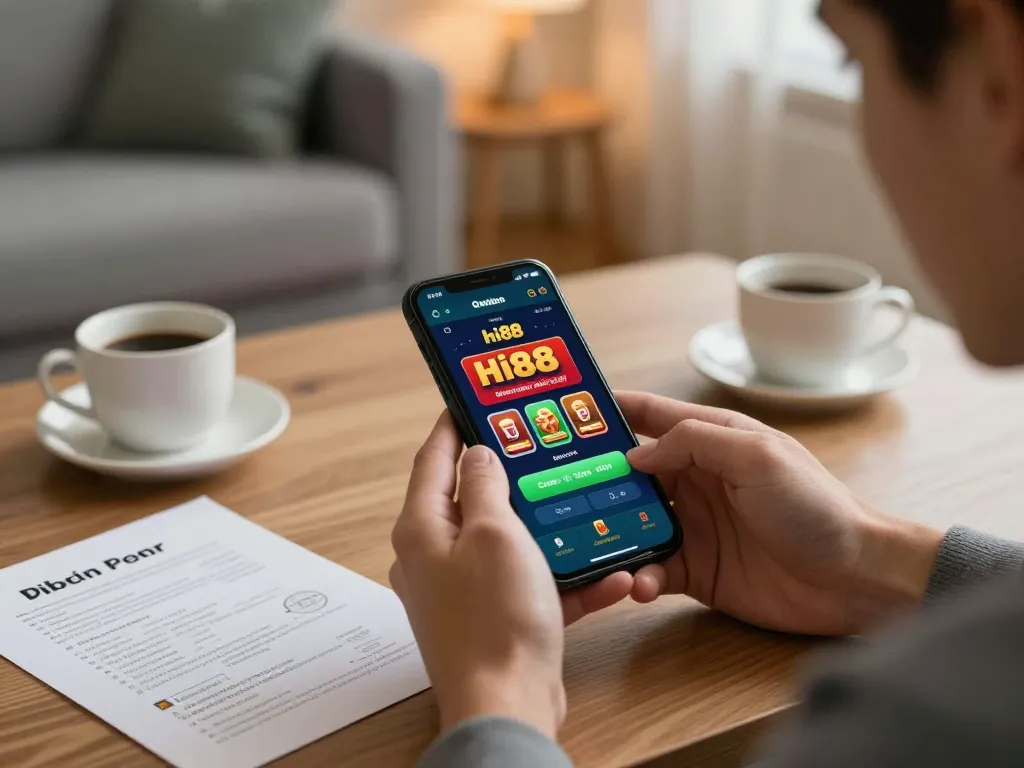 Engaging with hi88 casino app on smartphone during a cozy gaming session at home.