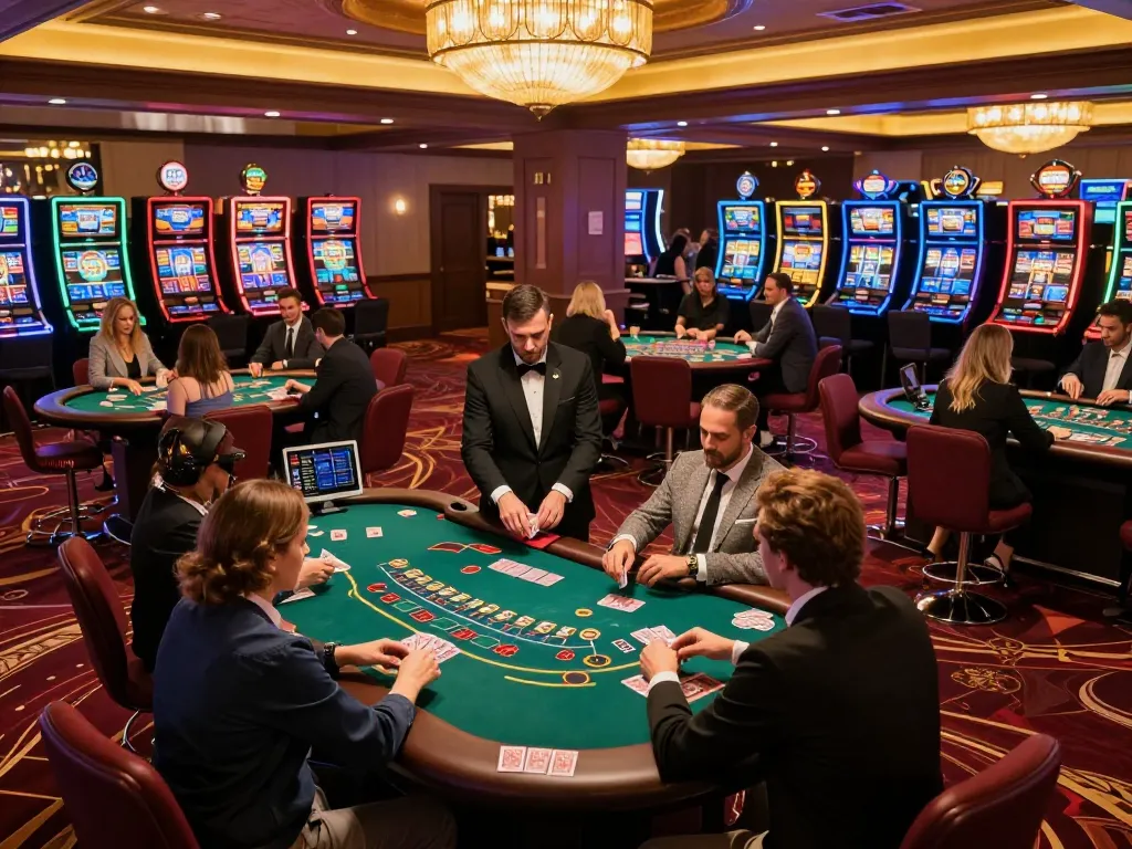Players enjoying blackjack at non gamstop casinos with vibrant casino atmosphere and dealer in action.