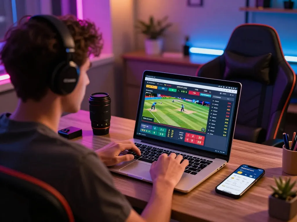 88aa đối tác online betting experience with a player engaging on digital platform in vibrant home office.