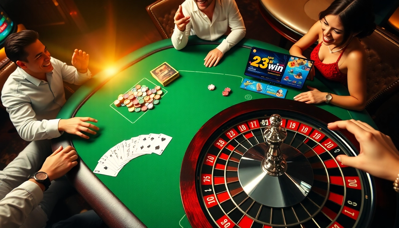 Experience the thrill of 23 win with vibrant casino games showcasing poker chips and a roulette wheel.