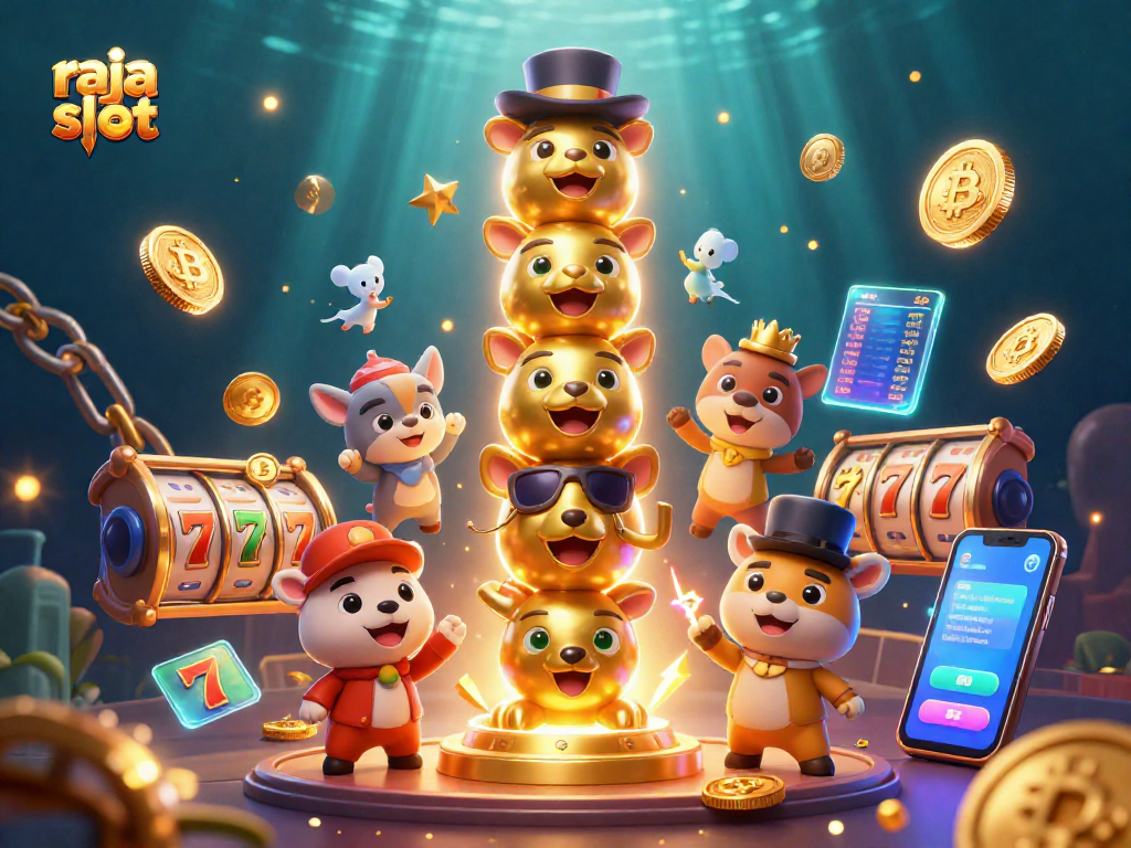 Join the excitement of raja slot with vibrant 3D illustrations of slots, coins, and jackpots!