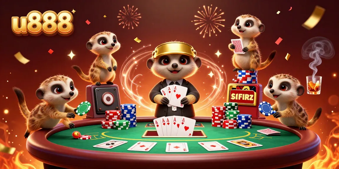 Experience thrilling u888 casino action with cartoon meerkats managing a vibrant poker game.
