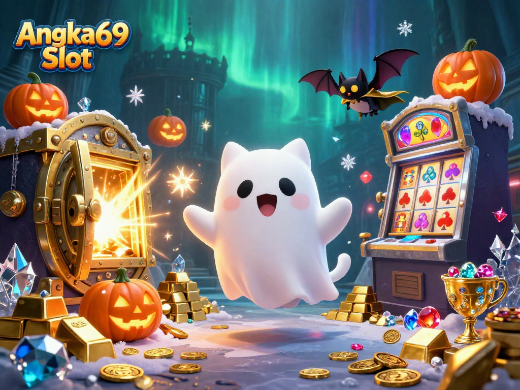 Experience thrilling gameplay at Angka69 Slot with glowing ghost cat and treasure-filled casino.